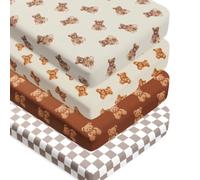 4 Pack Bear Baby Sheets Neutral Unisex Fitted Checked Nursery Baby Sheet Set Toddler Mattress Sheets for Boys or Girls (Crib Sheets)