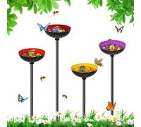 4 Pack Bee Watering Station for Garden, Metal Bee Butterfly Feeder with 40Pcs Glass Marbles, Colorful Butterfly Bee Bath Water Bowl with Flower Design (Yellow Purple Red Orange)
