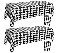 4 Pack Black and White Checkered Tablecloths, Plastic Gingham Table Cover Alice Tablecloths for Racing Theme, Halloween, Wonderland Party, Classic Checker Indoor Outdoor Decorations, 86 x 51 Inch