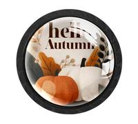 4 Pack Black Cabinet Knobs, Hello Autumn Pumpkin Drawer Knob Cupboard Handles with 2 Sizes Screws, Round Single Hole for Kitchen, Dresser, Wardrobe, Chest of Drawers, Furniture