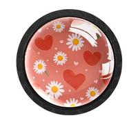 4 Pack Black Cabinet Knobs, Red Love Heart Daisy Drawer Knob Cupboard Handles with 2 Sizes Screws, Round Single Hole for Kitchen, Dresser, Wardrobe, Chest of Drawers, Furniture
