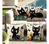 4 Pack Black Cat Throw Pillow Covers,with Floral Bird Butterfly Pattern Decorative Pillow Cases for Sofa Couch Bed Home Living Room Decor, Square Pillow Shells Without Inserts (Cat Pillow Cover)