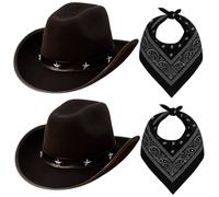 4 Pack Black Cowboy Hat & Bandana Set Western Fancy Dress Hen Party Costume