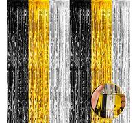 4 Pack Black Gold Silver Foil Fringe Curtain Backdrop, 3.28Ft x 8.2Ft Metallic Tinsel Foil Fringe Streamers for Photo Booth, Wedding, Notorious One Birthday Roaring 20s Graduation Party Decoration