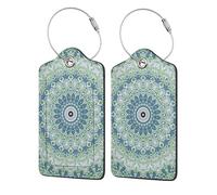 4 Pack Blue and Green Coastal Medallion Luggage Tags for Suitcases PU Leather Privacy Protection Bag Tags Travel Essentials