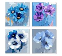 4 Pack Blue Flowers Paint by Numbers for Adults Beginner with Frame, Beautiful Flowers, DIY Painting by Numbers Kit on Canvas, Acrylic Pigment Oil Painting Arts and Crafts for Home Decor, 8x8 Inch