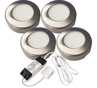 4 Pack | Bright 2.6W LED Under Cabinet Spot Lights & Driver Kit | Stainless Steel & Natural White | Surface Mounted Fitting | Kitchen Work Countertop Cupboard Unit Down Light | Modern Round Lighting
