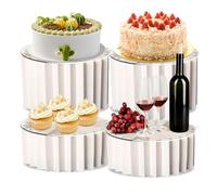 4 Pack Buffet Risers, Foldable Cardboard Cake Stands with 4 Round PVC Plates, 10cm 20cm Height Food Display Stands for Show Catering Desserts, Food, Jewelry, Cupcake, Wedding, Birthday Party (White)