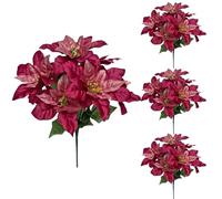 4 Pack Burgundy Silk Flowers Bouquet Wine Red Christmas Flowers Pick 7 Artificial Poinsettia Flower Heads with Leaves and Rod Table Centerpiece for Christmas Tree Wreath Party Floral Decorations