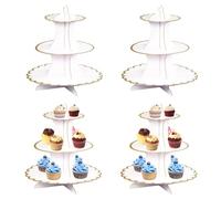 4 Pack Cardboard Cake Stand, 3 Tier Cupcake Dessert Holder, White Gold Dessert Tower Stands, Pastry Serving Stand Food Display for Afternoon Tea, Birthday, Wedding, Anniversary, Festival Decoration