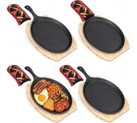 4 Pack Cast Iron Sizzler Plates with Wooden Bases, Fajita Skillets Plates