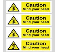 4 Pack - Caution Mind Your Head - Self adhesive backed Warning Sticker Signs - 200 mm x 60 mm. Ideal for low ceilings, doorways, and hazardous areas