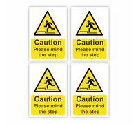 4-Pack "Caution Please Mind The Step" Self-Adhesive Signs / 7x10cm Each (Pack of 4) / Portrait Orientation Removable & Wipeable/Indoor or Outdoor Stickers/Gloss Finish/Mind The Step Stickers
