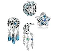 4 Pack Charms for Pandora Bracelet 925 Sterling Silver Charms with Cubic Zirconia Oceanic Starfish Spiritual DreamCatcher Feather Tassels Dangle Pendant Charm DIY Making Valentine Gift for Women Girls