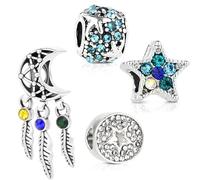 4 Pack Charms for Pandora Bracelet 925 Sterling Silver Cubic Zirconia Charm Starfish Oceanic Moon Feather Tassel Dangle Pendant DIY Jewelry Making Valentine Gift for Women Girls