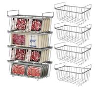 4 Pack Chest Freezer Baskets - Stackable Freezer Organiser for 198L Chest, Storage Basket Pantry with Handles for Kitchen Cabinets Pantry, Sort Frozen Foods and Save Space Easy to Get Items, Grey