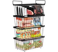 4 Pack Chest Freezer Baskets, Stackable Freezer Organiser with Handles, Freezer Baskets for 198L Sort Frozen Foods, Freezer Organiser, Freezer Storage Boxes Wire Drawers Bins, Easy to Get Items（Black）