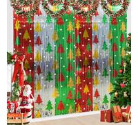 4 Pack Christmas Foil Fringe Curtains 3.3 x 6.6 Ft Christmas Tree Tinsel Curtain Red Green Silver Xmas Trees Metallic Foil Backdrop Colorful Photo Booth Prop Door Streamers for Xmas Party Wall Decor