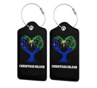4 Pack Christmas Island Flag Love Heart Tree Leather Luggage Tag for Suitcase with ID Label Privacy Cover Address Card Stainless Steel Loop Travel Tags for Cruise Ships Airport Bag Backpack
