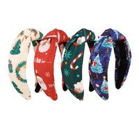 4 Pack Christmas Knotted Headbands for Women and Girls, Festive Santa Tree Snowflake Print Hair Bands, Wide Padded Hair Accessories for Holiday Party