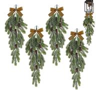 4 Pack Christmas Swags with Velvet Bow & Pine Cones, 27.6 Inch Artificial Teardrop Swag Hanging Decoration for Home, Front Door & Staircase Decor