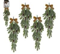 4 Pack Christmas Teardrop Swags with Velvet Bow 27.6 Inch Rustic Pine Greenery with Pine Cones Hanging Teardrop Swag for Xmas Farmhouse Home Wall Decor