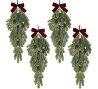 4 Pack Christmas Teardrop Swags with Velvet Bow 27.6 Inch Winter Rustic Pine Needles Swag Artificial Norfolk Pine Needle Hanging Garland for Front Door Wall Home Decor (Burgundy)