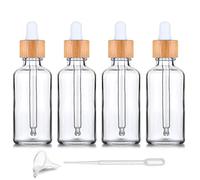 4 Pack,Clear Glass Dropper Bottle for Essential Oils,Empty Liquid Perfume Bottles With Pure Glass Pipettes,Bamboo Lid Cosmetic Travel Sample Container Vials-Pipette&Funnel included (50ml/1.7 Ounce)