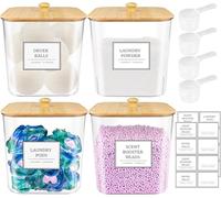 4 Pack Clear Laundry Pod Container with Bamboo Lids & Labels - Large Detergent Powder Storage for Room Organization, Scent Booster Holder