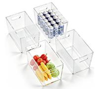 4 Pack Clear Storage Bins, PET Pantry Organizers & No-Tip Storage Containers with Cutout Handles for Fridge Freezer Kitchen Cabinet Closet Countertop, Nestable Open Top Organization Bins Save Space
