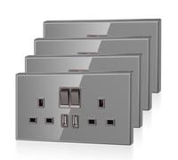 4 Pack CNBINGO Glass Double Switched Power Socket with 2 USB-A Charging Ports (2.1A Output), Electric Power Sockets 2 Gang 13 Amp, Grey Double Wall Outlet with Tempered Glass Panel