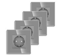 4-Pack CNBINGO Glass Flush-Mounted Single Socket in Grey - Simple Schuko Socket with Child Safety Lock - 16 Amp Safety Wall Socket with Glass Frame