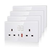 4 Pack CNBINGO USB Type C Glass Double Socket, 20W Max Fast Charging, Double Switched Socket with 20W PD USB C and A, 2 Gang Electric Power Socket, White Wall Outlet with Tempered Glass Panel
