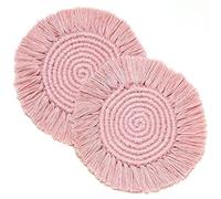 4 Pack Coasters for Drinks, Boho Coasters,Macrame Coasters with Tassels,Table Decor Bohemian Braided Coasters,Coaster Set for Home,Office and Bar,Housewarming Gift(Beige Pink Navy Wine) (Pink)