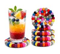 4 Pack Colorful Felt Coasters for Drinks, 4" Round Wool Ball Coasters, Absorbent Cute Handmade Drink Coasters for Coffee Table, Fun Boho Coasters for Mugs, Glasses, Home Office Bar Decor