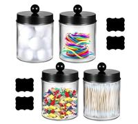 4 Pack Cotton Bud Holder, Cotton Pad Holder with Lids, 9 Oz Clear Glass Cotton Bud Dispenser with Labels for Cotton Ball, Cotton Swab, Cotton Round Pads, Floss, Makeup Sponges, Hair Clips