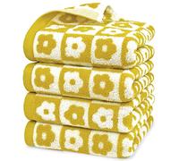 4 Pack Cotton Hand Towels for Bathroom Kitchen - Soft and Quick Drying Face Towels Checkered Floral Yellow, 410 GSM, 29” x 13”