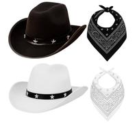 4 Pack Cowboy Dress-Up Set - Black & White Star-Studded Cowboy Hats with Black & White Bandanas - Western Fancy Dress for Hen Parties, Stag Dos, Halloween & Themed Events