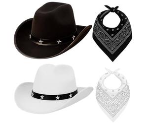 4 Pack Cowboy Dress-Up Set - Black & White Star-Studded Cowboy Hats with Black & White Bandanas - Western Fancy Dress for Hen Parties, Stag Dos, Halloween & Themed Events
