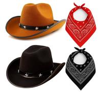 4 Pack Cowboy Dress Up Set Star Studded Cowboy Hats with Bandanas Western Fancy Dress Costume for Hen Parties Stag Dos Halloween Festivals Themed Events and Group Outfits