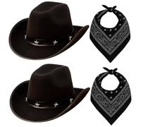 4 Pack Cowboy Dress Up Set Star Studded Cowboy Hats with Bandanas Western Fancy Dress Costume for Hen Parties Stag Dos Halloween Festivals Themed Events and Group Outfits