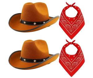 4 Pack Cowboy Hat Dress-Up Set - 2x Brown Star-Studded Cowboy Hats with 2x Red Paisley Bandanas - Western Fancy Dress for Hen Parties, Stag Dos, Halloween & Themed Events Adults