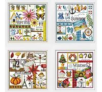 4 Pack Cross Stitch Kits, Awesocrafts Four Seasons Easy Patterns Cross Stitching Embroidery Kit Supplies, Stamped (Four Seasons, Stamped)