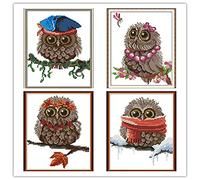 4 Pack Cross Stitch Kits, Awesocrafts Owls Four Seasons Easy Patterns Cross Stitching Embroidery Kit Supplies Christmas, Stamped (Owls, Stamped)