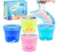 4 Pack Crunchy Crystal Slime, Pink Axolotl, Green Ray, Yellow Octopus and Blue Narwhal Clear Slime Party Favors for Kids, Soft & Non-Sticky, Birthday Gift for Girls and Boys Age 3+