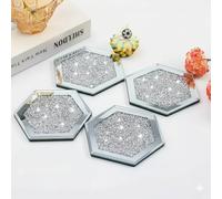 4 Pack Crushed Diamond Crystal and Mirror Coasters Set of 4 Glittering Silver Coasters for Home Kitchen Bar & Restaurant Decor (Hexa Shape)