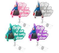 4 Pack Cute Badge Reel Nurse Worker Badge Holder Retractable,Funny Glittering Help is on the Way Dear Badge Reels,RN LPN CNA MA Medical Worker Nurse Doctor Teacher ID Badge Clip Accessories