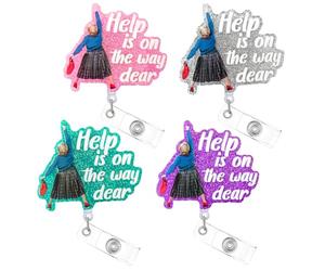 4 Pack Cute Badge Reel Nurse Worker Badge Holder Retractable,Funny Glittering Help is on the Way Dear Badge Reels,RN LPN CNA MA Medical Worker Nurse Doctor Teacher ID Badge Clip Accessories