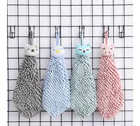 4 Pack Cute Chenille Soft Hanging Hand Towels Funny Cartoon Animal Cat Pig Owl Penguin Kids Hand Towel Set Drying Puff Absorbent Thick Kitchen ＆ Bathroom Microfiber Washcloths