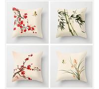 4 Pack Decorative Double-sided Cushion Covers Waterproof Plum Bamboo Throw Pillow Cover 30x30cm Cotton Pillowcase Living Room Sofa Garden Outdoor Patio Outside Bench Home Decor Housewarming Gift
